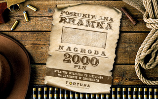 Stare ogłoszenie jak z westernu z napisem Poszukiwana bramka nagroda 2000 PLN ostatnio widziana 20 listopada na stadionie w Chojnicach Fortuna