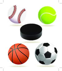 Pada latar belakang putih: bisbol, tenis, bola basket, bola sepak, dan keping hoki.