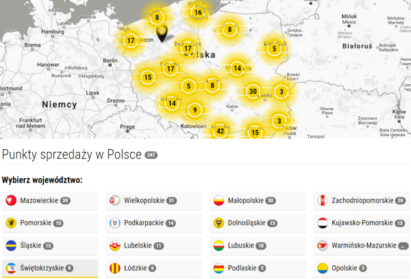 Mapa Polski z punktami sprzedaży Totolotka