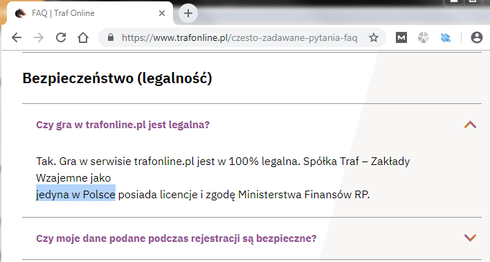 Screen ze strony trafonline.pl z treścią Spółka Traf - Zakłady Wzajemne jako jedyna w Polsce posiada licencje i zgodę Ministerstwa Finansów RP.