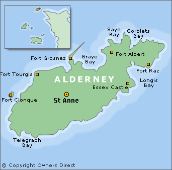 Rzut Alderney na mapie zaznaczonej na zielono