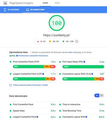 Wynik 100 na 100 dla surebety.pl w PageSpeed Insights dla komputerów