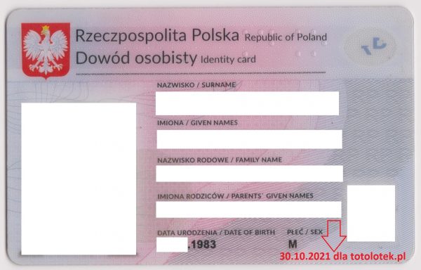 Przód dokumenty osobistego z wyciętymi danymi i czerwonym napisem w prawym dolnym rogu 30.10.2021 dla totolotek.pl