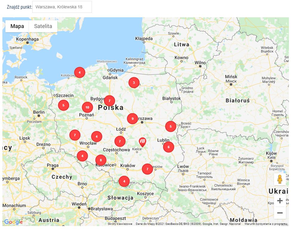 Interaktywna mapa Polski z czerwonymi pinezkami