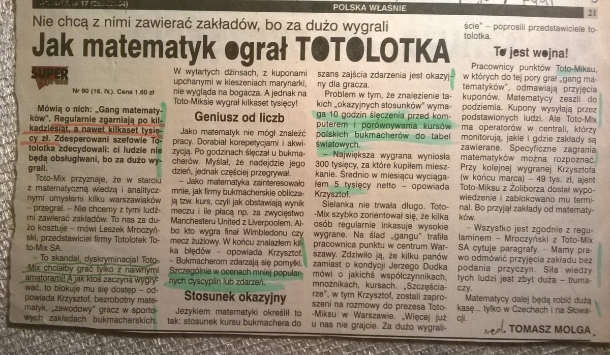 Zdjęcie artykułu z gazety Jak matematyk ograł Totolotka opisujące jak Zarząd odmówił przyjmowania zakładów od gracza, bo ten miał za dużą wiedzę