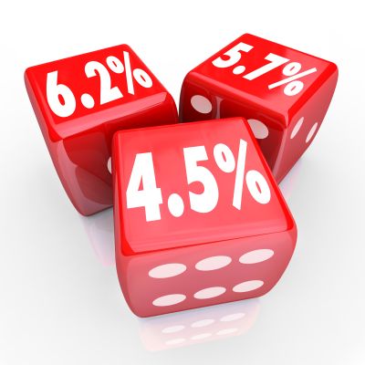 Trzy czerwone kostki z napisami 6.2% 5.7% i 4.5%
