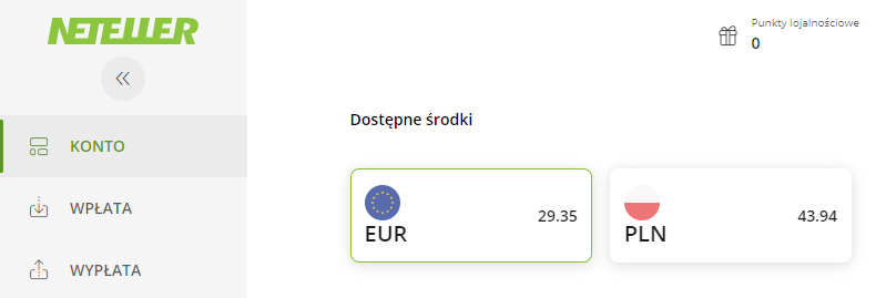 Menu Konto Wpłata Wypłata po lewej a po prawej saldo konta 29.35 EUR oraz 43.94 PLN