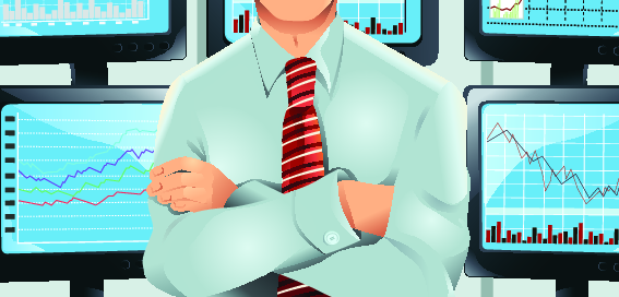 Rysunek mężczyzny w koszuli stojącego z założonymi rękami na tle monitorów