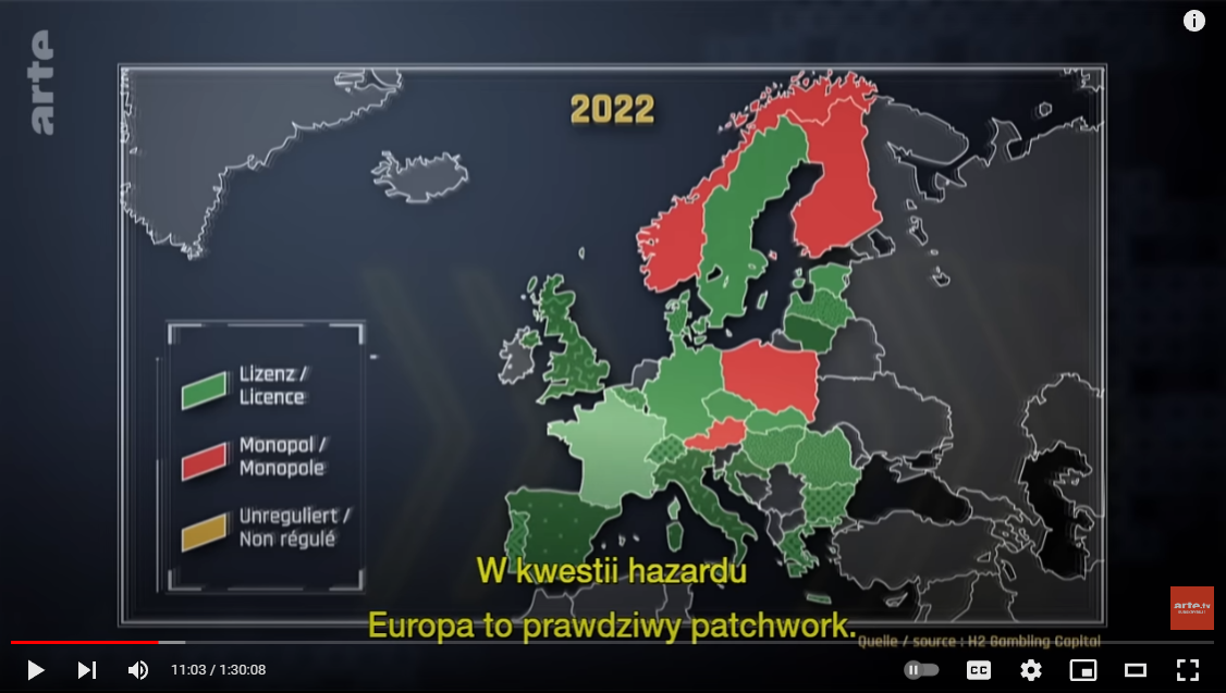 Mapa Europy z wieloma państwami na zielonymi oznaczającymi licencjonowanie hazardu