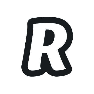 Duża litera R napisana czarnym grubym konturem na białym tle