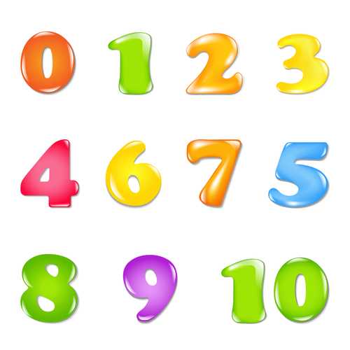 Trzy wiersze kolorowych liczb z zakresu od 0 do 10