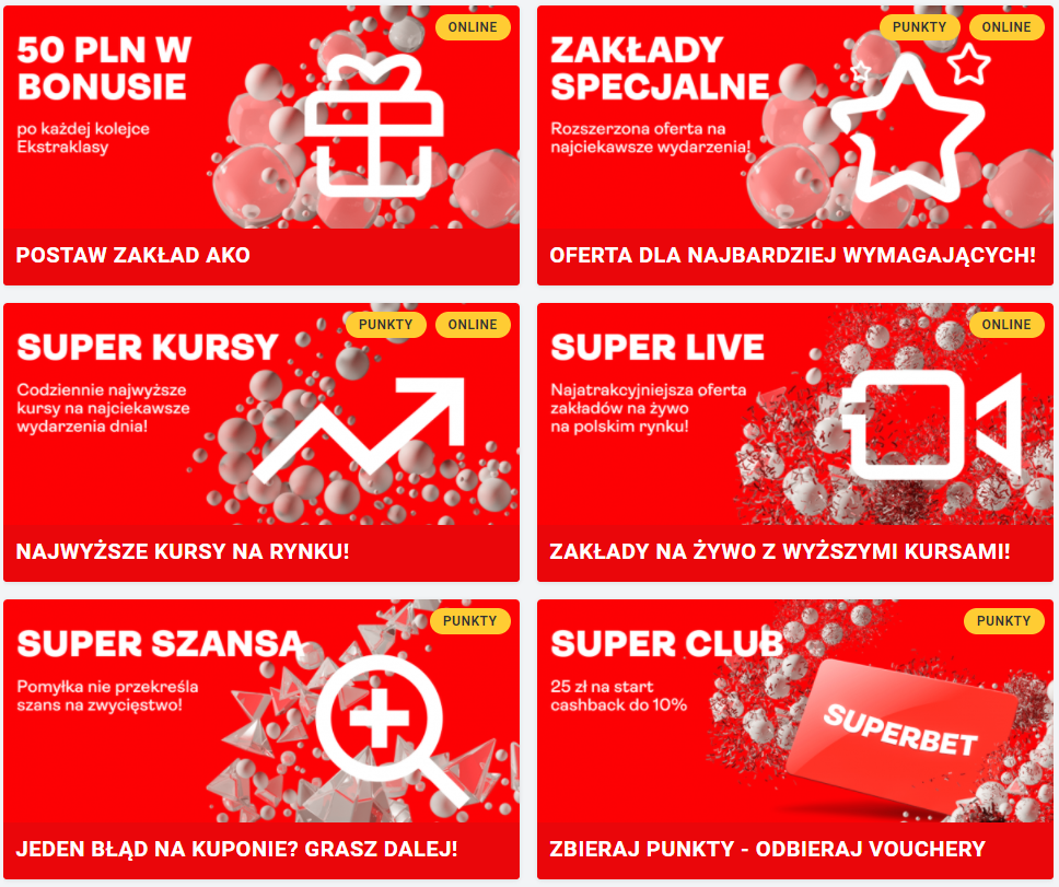 6 promocji na czerwonym tle na Ekstraklasę Zakłady specjalne Super kursy przedmeczowe lub na żywo oraz punkty lojalnościowe