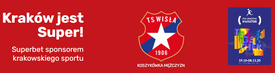 Biały napis Kraków jest super z czerwono granatowym logiem Wisły Kraków i granatowym Cracovia Marathon a wszystko na czerwonym tle
