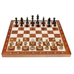 Ustawione bierki szachowe na drewnianej szachownicy od strony białych