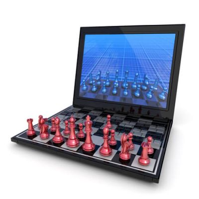 Laptop z biało czarną szachownicą z czerwonymi bierkami w miejscu klawiatury na białym tle