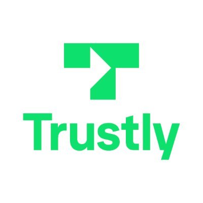 Zielona litera T z wyciętym trójkątem w kształcie play z podpisem u dołu Trustly
