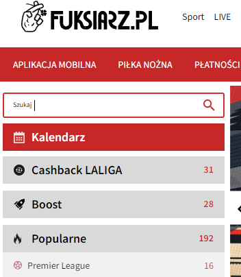 Zdjęcie lewej strony www z logiem górnym menu opcją szukaj kalendarzem Cashback La Liga Boost i Popularne