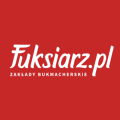 Biały napis Fuksiarz.pl z podpisem zakłady bukmacherskie na czerwonym tle