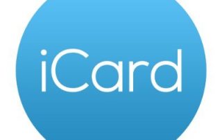 Biały napis iCard na niebieskim kolistym tle w białym kwadracie