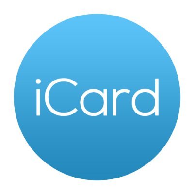 Biały napis iCard na niebieskim kolistym tle w białym kwadracie