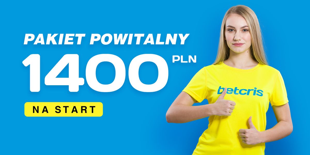 Blondynka w żółtej koszulce wystawia pozytywne kciuki obok napisu Pakiet powitalny 1400 PLN