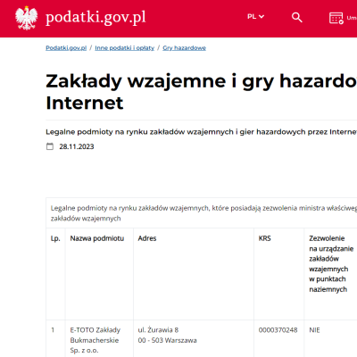 Screen z czerwoną belką podatki gov pl i artykułem o liście legalnych bukmacherów, dostęp: 30.11.2023