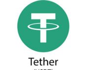 Duża biała litera T na tle zielonego koła jakby przecięta przez środek białym okręgiem z podpisem Tether USDT