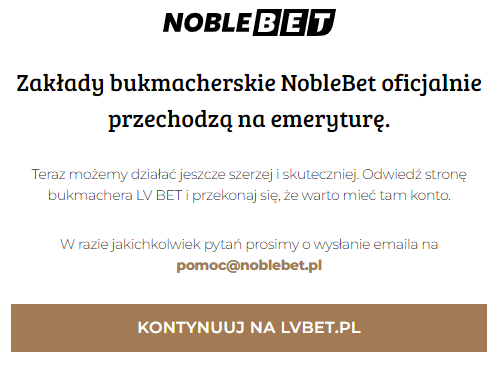 Komunikat o zakończeniu działalności Noblebet, który przekierowuje na stronę LVbet.