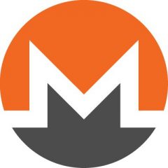 M putih dalam lingkaran dengan isian oranye di atas huruf dan abu-abu di bawah huruf
