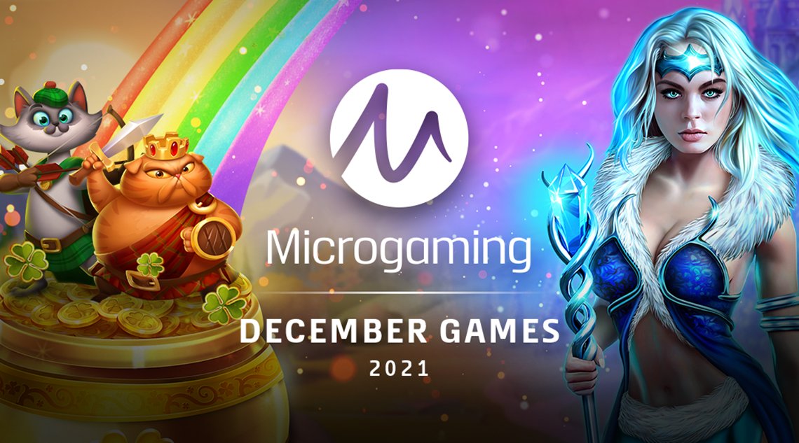 Napis Microgaming December Games 2021 z tęczą i dwoma kotami po lewej oraz piękną niebieską wojowniczką po prawej