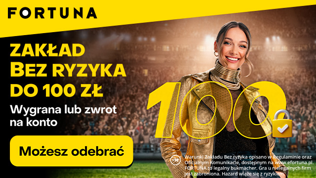 Po prawej pani Fortuna na tle stadionu a po lewej napis Zakład bez ryzyka do 100 zł