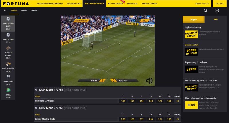 Ekran komputerowej piłki nożnej z ofertą poniżej i innymi dyscyplinami wirtualnymi po lewej