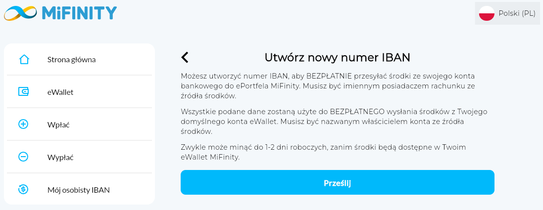 Screen z MiFinity - wirtualny IBAN