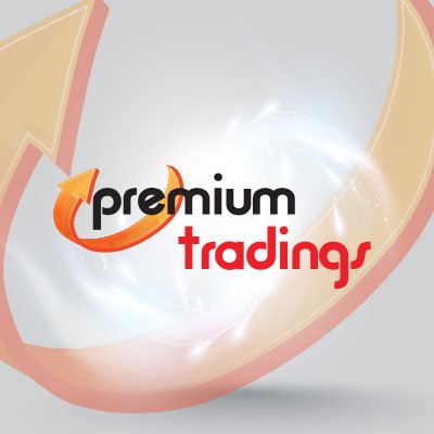 Czarno czerwony napis premium tradings na jasno szarym tle z półokrągłą pomarańczową strzałką w górę