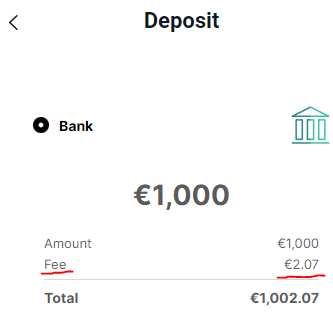Okno wpłaty pokazujące prowizę 2.07€ od wpłaty 1000€