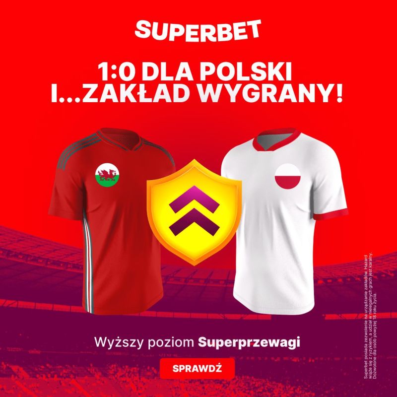 Biały napis na czerwonym tle 1:0 dla Polski i zakład wygrany