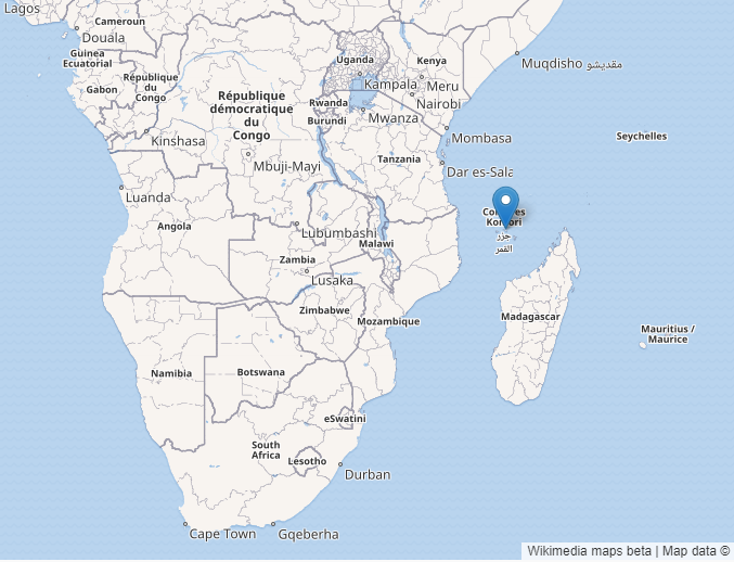 Zaznaczona wyspa na północ od Madagaskaru i na wschód od Malawi